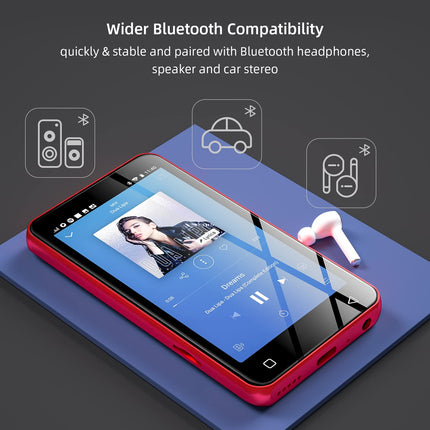 MP4 MP3 mängija Bluetoothi ​​ja WiFi-ga, 4-tolline puuteekraan, Spotifyga, Androidi voogedastusmuusikamängija Pandoraga, kaasaskantav HiFi heliga digitaalne audiopleier kõlariga, punane