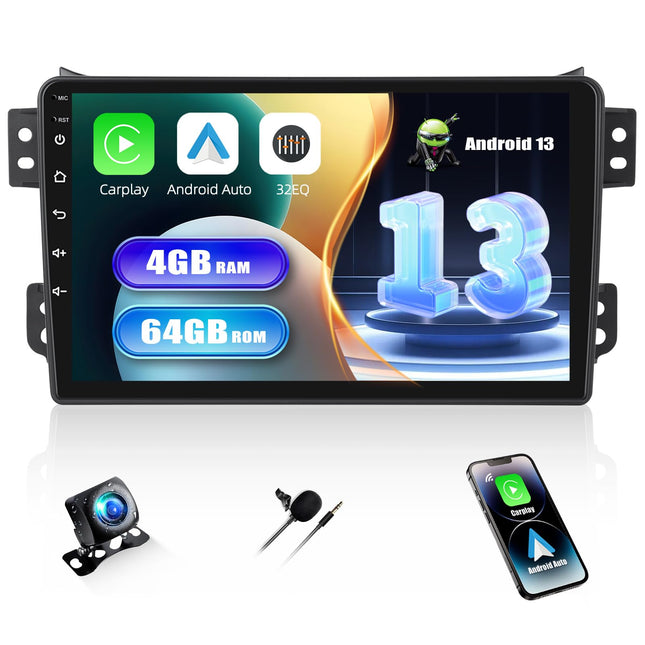 [4+64G] SIXWIN Android 13 autoraadio CarPlay/Android Auto/peegliühendusega Suzuki Splash Ritz 2004-2014 jaoks, 9-tolline HD puuteekraan, toetab WiFi, GPS, Bluetooth 5.0, FM/RDS 32EQ+kaamera