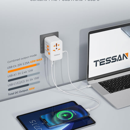Reisiadapter ülemaailmne 65W laadija, TESSAN universaalne reisipistik 1 USB, 3 USB C ja 1 PD kiirlaadimisega, rahvusvaheline pistikupesa adapter Saksamaa, USA, Inglismaa ja Tai jaoks