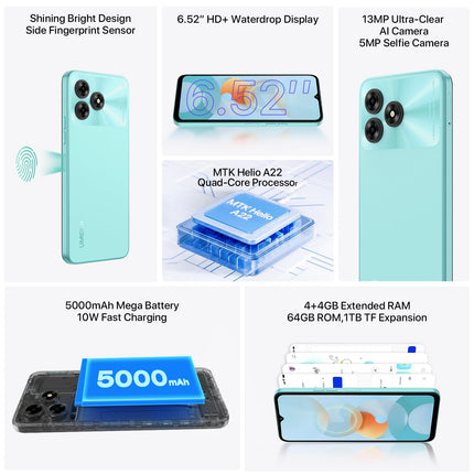 UMIDIGI G5A nutitelefon Android 13, mobiiltelefon 8GB (4 + 4) RAM, 64GB/laiendatav 1TB, 5000mAh, 6.52 tolli HD+, 13MP + 5MP, Helio A22, telefon kahe SIM-kaardiga 4G/sõrmejäljelugeja/näotuvastusega/GPS