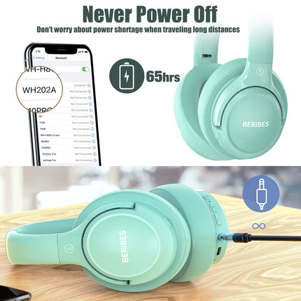 BERIBES Bluetooth-kõrvaklapid, 65 tundi juhtmevabad Bluetooth-kõrvaklapid 6 ekvalaiseri režiimiga, HiFi stereo, sisseehitatud mikrofon, kokkupandavad juhtmevabad kõrvaklapid mobiiltelefonidele/iPadile/sülearvutitele/arvutile (rohelised)