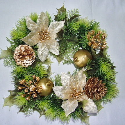 Artificial Christmas wreath with gold poinsettia, for indoor and outdoor use, diameter 25.4 cm gold