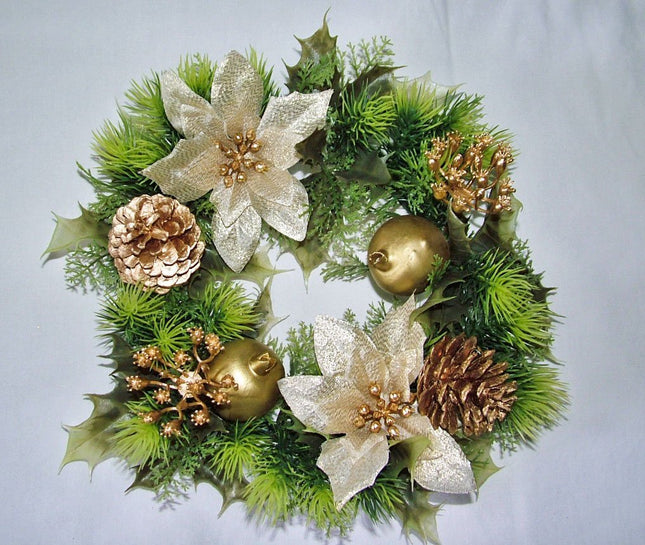 Artificial Christmas wreath with gold poinsettia, for indoor and outdoor use, diameter 25.4 cm gold