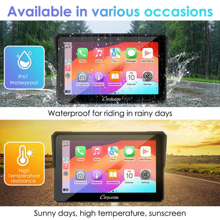 Carpuride W702B mootorratta GPS CarPlay ekraan disainkinnitusega BMW mootorratastele, juhtmevaba CarPlay ja Android Auto, kaasaskantav veekindel 7" puuteekraan, Bluetooth-ülekanne, navigatsioon, Siri.