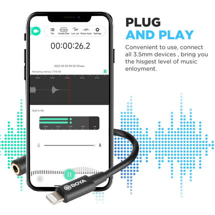 BOYA Lightning - 3,5 mm kõrvaklapipesa adapter, MFi TRRS emane - Lightning audiopesa adapter, ühildub iPhone 13/12 Mini/12 Pro/11/11 Pro/11 Pro Max/SE/X XR XS 8 7-ga