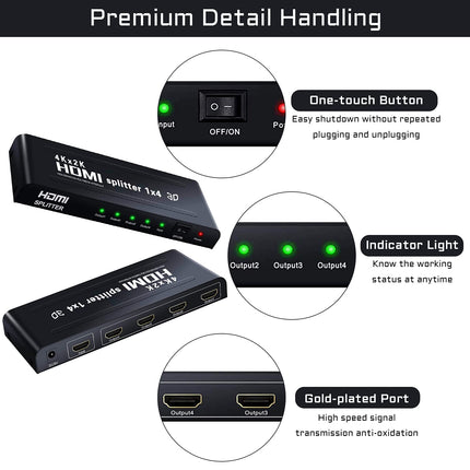 Ozvavzk 4K HDMI jaotur 1 sisend 4 väljundit samaaegne HDMI jaotur 4 monitori peegel-HDMI jaotur 1 sisend 4 väljundit toetab 4K UHD HDCP1.4 3D 1080P Full HD ühilduvust (jaotur 1 sisend 4 väljundit)