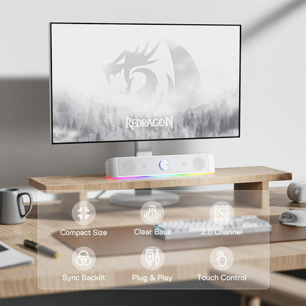 Redragon GS560 Adiemus RGB Desktop Soundbar, 2.0-Channel Computer Speaker with Dynamic Light Bar, Audio Light Sync/Display, Touch Control Backlight with Volume Control, USB Cable