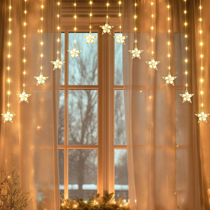 SALCAR 3m LED Star Curtain Lights - 222 LEDs with 16 Star String Lights, Window Decoration with Timer, Christmas Lighting for Balcony, Party, Wedding - Warm White