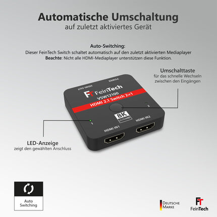 FeinTech VSW12100 HDMI 2.1 lüliti 2 sisendit 1 väljund 4K 120Hz 8K 60Hz 48Gbps Xbox PS5 jaoks
