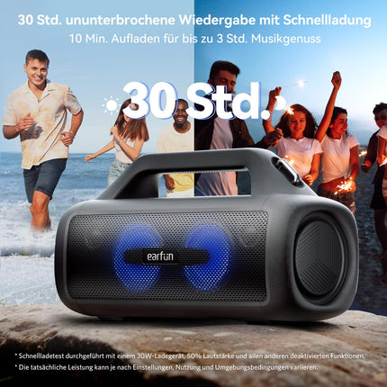EarFun UBOOM X Bluetooth kõlar, 80W bass, JumboBass tehnoloogia, Oluv EQ, 30-tunnine aku, IP67 veekindel ja tolmukindel, RGB tuled, Musicbox Bluetooth, akupank, BT 5.3, kaasaskantav kõlar peoks
