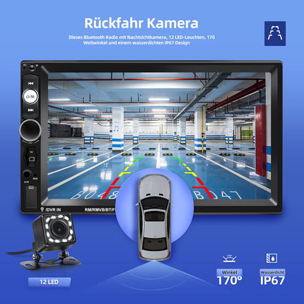 NHOPEEW kahe DIN-iga raadio, mis toetab Androidi/iPhone'i Mirror Linki, 2 DIN-i ja 7-tollise puutetundliku ekraaniga autoraadio Bluetooth-vabakäesüsteemiga, kahe USB-, SD- ja AUX-pesaga, roolil juhtimisega ja tahavaatekaameraga.