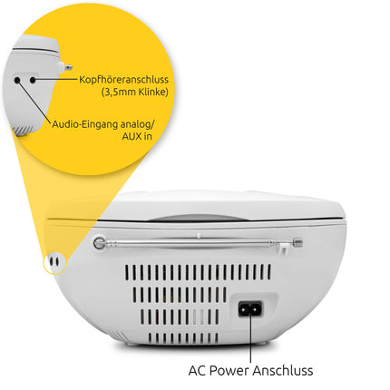 TechniSat Viola CD-1 - kaasaskantav stereo CD-mängija, boombox praktilise kandekäepidemega (lasteraadio, FM-raadio tuuner, Bluetooth-vastuvõtt, 2 x 1 W RMS-võimsus, vooluvõrgust ja akudest töötav) valge