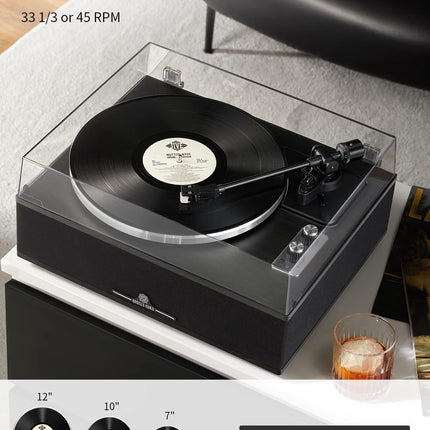 ANGELS HORN Bluetooth vinüülplaadimängija | 2-käiguline plaadimängija sisseehitatud kõlaritega | Komplektis Phono eelvõimendi ja AT-3600L helipea | Must