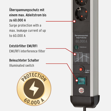 Brennenstuhl Premium-Protect-Line, 6-suunaline pikendusjuhe ülepingekaitsega 60 000 A ja Eco-Line, 3-suunaline pikendusjuhe ülepingekaitsega (1,5 m kaabel), antratsiithall