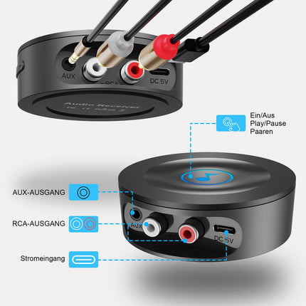 Bluetooth 5.2 receiver for stereo system, AUX Bluetooth adapter jack 3.5, lossless-level HiFi receiver for speakers, amplifier with RCA cinch, long range, HD audio, low latency