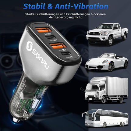 SONRU 120W autolaadija USB-C, auto sigaretisüütaja USB-C autolaadija 12V / 24V USB autolaadija 2 PD 60W max + 2 QC 30W, kiirlaadija sigaretisüütaja adapter