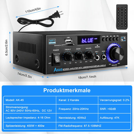 Hifi võimendi - KKMOL stereovõimendi, AK45 mini Bluetooth-raadio ja helivõimendi vastuvõtja, Wiimp võimendi, 12V/220V 400W 2 kanaliga digitaalne võimsusvõimendi, helivõimendi USB, SD-kaardi ja kaugjuhtimispuldiga