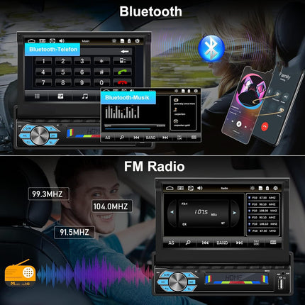 CAMECHO 1 DIN Carplay/Android Auto/Peeglingi autoraadio ekraaniga, 7-tolline mootoriga pikendatav puutetundlik ekraan, autoraadio Bluetooth peeglilingiga (Android/IOS) + väline mikrofon + tahavaatekaamera