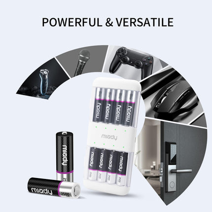 Miady Rechargeable Lithium Batteries AA 8 Pack with Charger, 2500mWh 1.5V Batteries 2000 Charging Cycles Fast Charging in 2.5 Hours