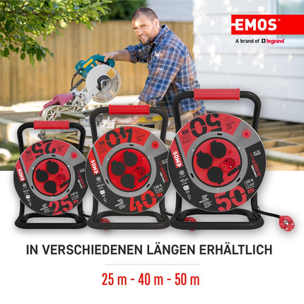 EMOS - 40m lehtterasest kaablirull - 4 Schuko pistikupesa - veekindel, löögikindel, õli- ja ilmastikukindel - 230 V, 16 A, 3680 W - kummist isolatsioon - H07RN-F 2,5 mm² - IP44 välistingimustes kasutamiseks