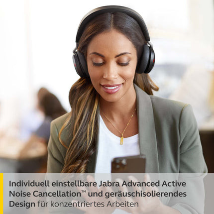 Jabra Evolve2 75 juhtmevabad arvutipeakomplektid laadimisdokiga, 8-mikrofoni tehnoloogia - kahekordse vahuga stereokõrvaklapid täiustatud aktiivse mürasummutusega, USB-C Bluetooth-adapter ja UC-ühilduvus - must