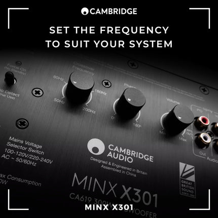 Cambridge Audio Minx X301-300-vatine aktiivsubwoofer lisabassdraiveri ja täielikult reguleeritava heliga - valge