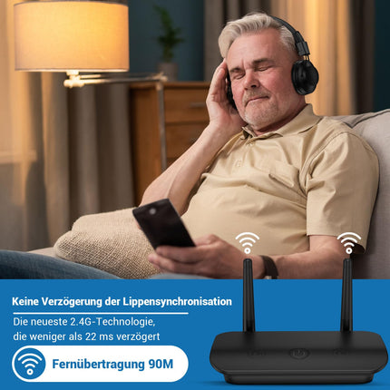 LETSACTIV kahekordsed juhtmevabad kõrvaklapid telerile saatja ja peakomplekti alusega, 196 jala ulatus optilise, AUX, RCA ja USB-pordiga, suure helitugevusega, 40 tundi mänguaega