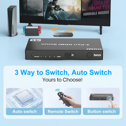 4K HDMI Switch 4 in 1 Out, HDMI Switch with Remote Control, Supports Dolby Vision, Compatible with PS5, Xbox, Apple TV, DVD Player