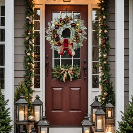 Christmas wreath door wreath for Christmas - red and white Advent wreath with Christmas balls, berries, pine cones and bow, decorative wreath Christmas decoration table wreath, Ø 60CM