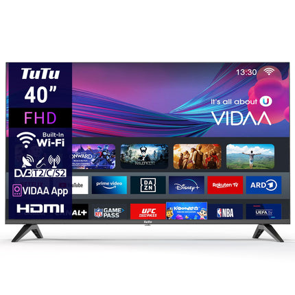 TuTu TUV40FQ1 nutiteler 40-tolline (100 cm) FHD-teler WiFi-ga, kolmekordse tuuneriga (DVB-T/T2, DVB-C, DVB-S/S2), App Store'i, Prime Video, Netflixi, YouTube'i, DAZN-i ja Disney+-iga