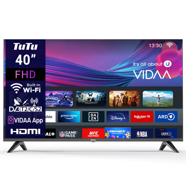 TuTu TUV40FQ1 nutiteler 40-tolline (100 cm) FHD-teler WiFi-ga, kolmekordse tuuneriga (DVB-T/T2, DVB-C, DVB-S/S2), App Store'i, Prime Video, Netflixi, YouTube'i, DAZN-i ja Disney+-iga
