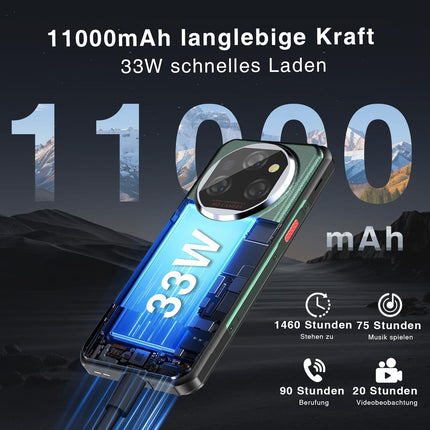 OUKITEL WP39 Pro Outdoor Smartphone 5G 36GB+512GB/2TB, 11000mAh Android 14 Outdoor Unlocked, MTK6300 Octa-Core Waterproof Construction Site Phone, 64MP+32MP, 6.6'' FHD+/Fingerprint/NFC/33W-Green