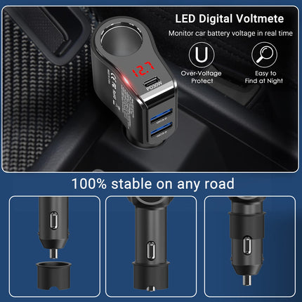 PD 30W autolaadija jaotur: 200W 12V USB C sigaretisüütaja adapteri jaotur 12-voldine alalisvoolu pistik, mitmekordne autopistikupesa voltmeetriga, kahekordne C-tüüpi pistik iPhone'i, Samsungi mobiiltelefoni GPS-i armatuurlauale