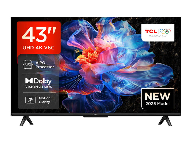 TCL 43V6C 43-tolline 4K UHD nutiteler – HDR10+, HVA-paneel, Dolby Vision, Google TV, HDMI 2.1, DVB-T2/C/S2, Bluetooth 5.2, hääljuhtimine Alexa ja Google Assistantiga