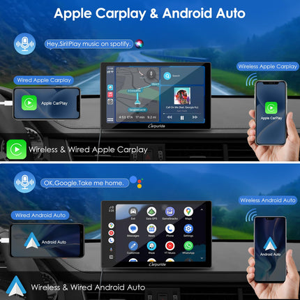 CARPURIDE C98 Wired/Wireless Carplay &amp; Android Auto Portable Car Stereo, 9-inch HD Touchscreen Car Radio with AirPlay Mirror Link, Bluetooth, Navigation, Siri, AUX, FM