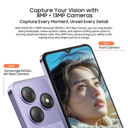 Blackview Wave 8C 4G nutitelefon ilma lepinguta, 6,56'' HD+, kaheksatuumaline 6GB+64GB (2TB väline SD), 13MP+8MP kaamera, 3 kaardipesa, Android 14 kahe SIM-kaardiga mobiiltelefon, Smart-K Box kõlar, GPS, sinine