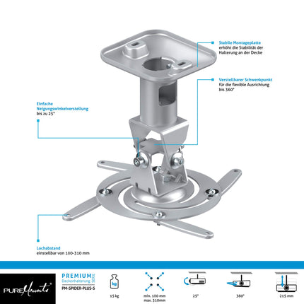 PureMounts Spider-Plus projektori laekinnitus, kallutatav 25°, pööratav, kaugus laest: 225 mm, maksimaalne kandevõime 15 kg, aukude vahe 180-310 mm, hõbedane