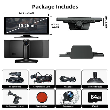 10,26-tolline juhtmevaba Carplay Android Auto ekraan, kaasaskantav autostereo 4K armatuurlauaga + 1080P tahavaatekaamera, Siri/Google Assistant, GPS-navigatsioon, Bluetooth, Mirror Link, FM, 64G TF kõikidele sõidukitele