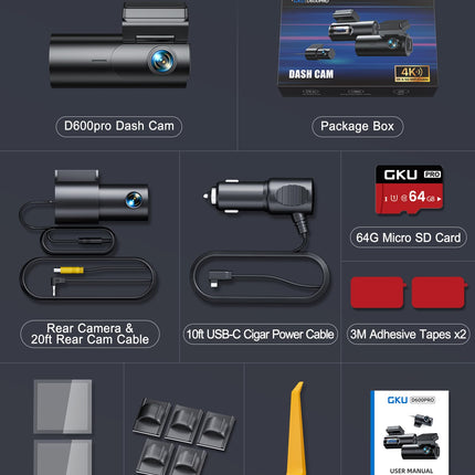 GKU 4K autoregistraator esi- ja tagakaameraga, 5 GHz WiFi GPS, kahekordne autoregistraator, 1,5” IPS miniautokaamera 64 GB SD-kaardiga, parkimismonitor, öönägemine, WDR, 170° lainurk, G-andur, rakenduse juhtimine, max 256 GB