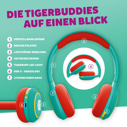 tigermedia tigerbuddies Bluetooth laste kõrvaklapid | Reguleeritav sobivus ja pehmed padjad | Laste kõrvaklapid helitugevuse piirajaga | Pistik ja Bluetooth | 8 tundi juhtmevaba (roheline/oranž)