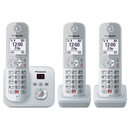 Panasonic KX-TG6863GS cordless phone with 3 handsets and answering machine (block up to 1,000 phone numbers, clear font size, loud handset, full-duplex handsfree) pearl silver