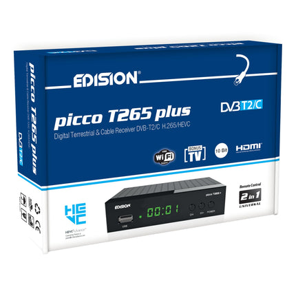 EDISION Picco T265 Plus maapealne DVB-T2 ja kaabelvastuvõtja DVB-C H.265 HEVC FTA Full HD PVR, USB, HDMI, SCART, S/PDIF, IR, USB WiFi tugi, universaalne 2-ühes kaugjuhtimispult
