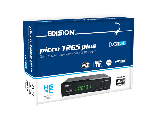 EDISION Picco T265 Plus maapealne DVB-T2 ja kaabelvastuvõtja DVB-C H.265 HEVC FTA Full HD PVR, USB, HDMI, SCART, S/PDIF, IR, USB WiFi tugi, universaalne 2-ühes kaugjuhtimispult