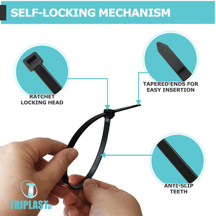 Triplast Essential Black Cable Ties – 100 x 30.5 cm Heavy Duty Cable Ties (300 mm x 4.8 mm) – Self-locking, non-slip and UV-resistant nylon plastic ties for cable management and