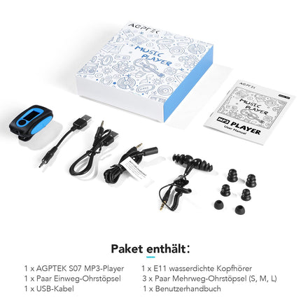 AGPTEK IPX8 veekindel MP3-mängija, 8 GB HiFi MP3-muusikamängija ujumiseks ja jooksmiseks, veekindlate kõrvaklappide, audiokaabli ja 3 paari kõrvaklappidega (L/M/S), toetab FM-raadiot, juhuesituse funktsioon, sinine
