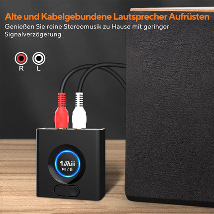 1Mii Bluetooth 5.0 vastuvõtja, Bluetooth-audioadapter muusika voogedastussüsteemi jaoks, traadita audioadapter 3,5 mm RCA-ga kõlarite ja stereosüsteemi jaoks, bassirežiim, 12 tundi mänguaega