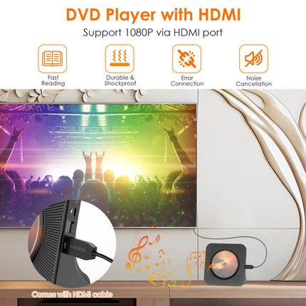 KOVCDVI DVD-mängija HDMI-ühendusega, DVD-mängija telerile, Bluetooth-kõlari ja puldiga, tolmukattega ekraaniga, FM-raadio, taimeriga, USB-taasesitus, AUX-taasesitus, kõrvaklappide pesa, must
