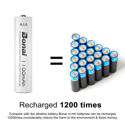 BONAI AAA aku 1100mAh 24 tükki laetavaid akusid suure mahutavusega 1.2V Micro AAA Accu NI-MH laetavaid akusid HR03 laetavat akut madala isetühjenemisega