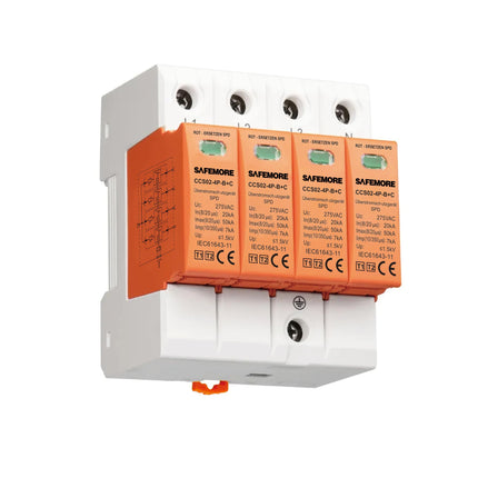 Ülepingepiirik päikesepaneelidele, SAFEMORE ülepingekaitse tüüp 1+ tüüp 2, tüüp (B+C) 4-pooluseline 275V 20kA toiteplokk arvestikapile