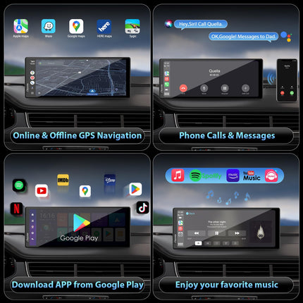 CARPURIDE juhtmevaba CarPlay ja Android Auto 4+64 GB, võrguühendusega ja võrguühenduseta GPS, G00GLE Play, Netflix, Mirror Link, Bluetooth, GPS-antenn, tahavaatekaamera, täisekraan 10,26", ekraanipind 9,3".